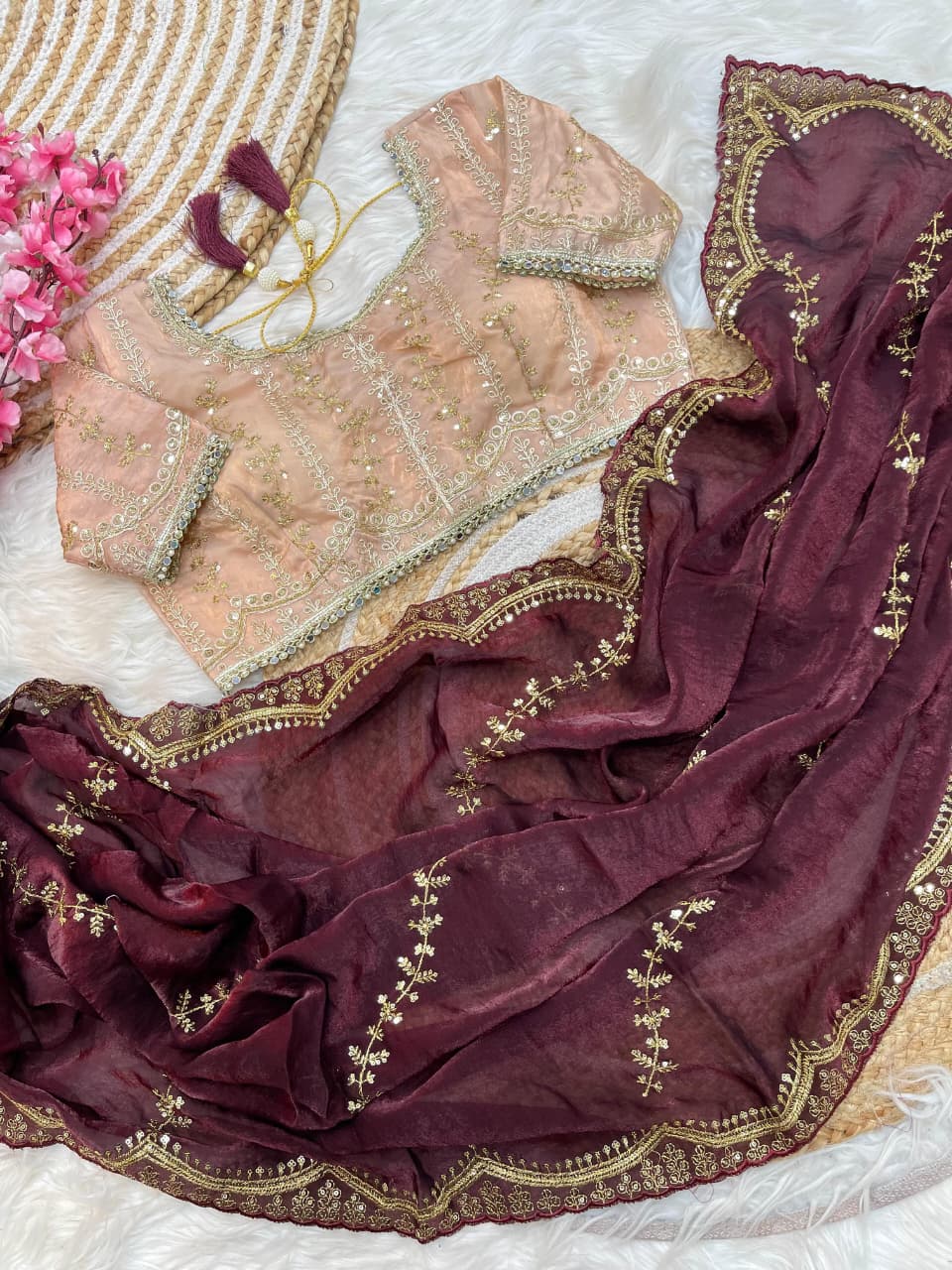 Elegant Rich Look Fendy Satin Saree with Heavy Border Sequence Work & Contrast Readymade Blouse with Mirror Lace