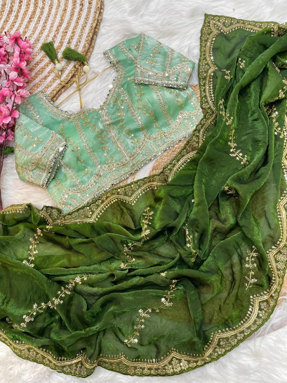 Elegant Rich Look Fendy Satin Saree with Heavy Border Sequence Work & Contrast Readymade Blouse with Mirror Lace