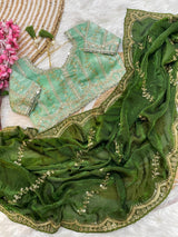 Elegant Rich Look Fendy Satin Saree with Heavy Border Sequence Work & Contrast Readymade Blouse with Mirror Lace