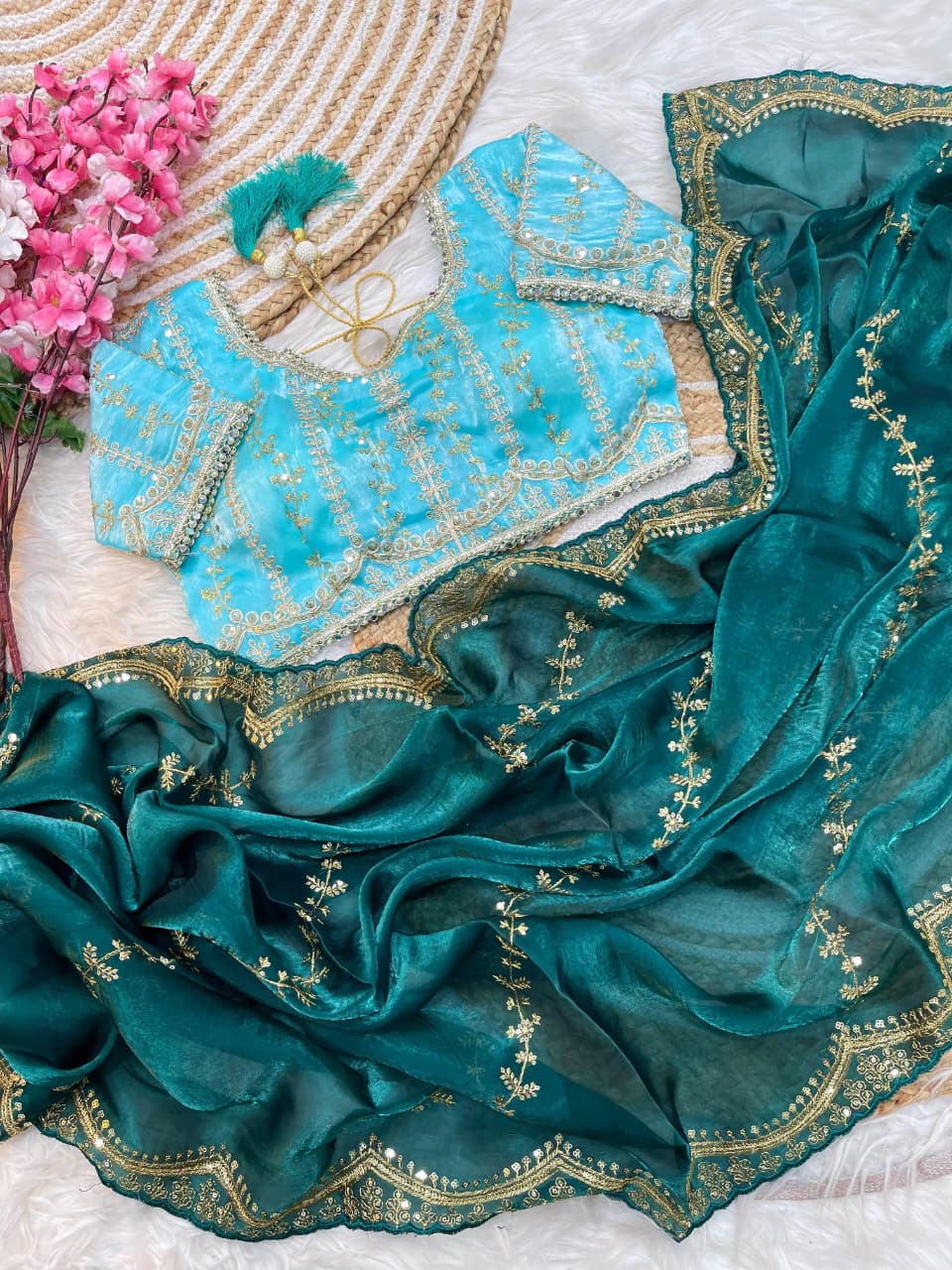 Elegant Rich Look Fendy Satin Saree with Heavy Border Sequence Work & Contrast Readymade Blouse with Mirror Lace