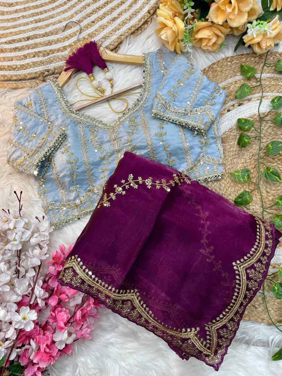 Elegant Rich Look Fendy Satin Saree with Heavy Border Sequence Work & Contrast Readymade Blouse with Mirror Lace