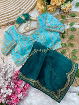 Elegant Rich Look Fendy Satin Saree with Heavy Border Sequence Work & Contrast Readymade Blouse with Mirror Lace