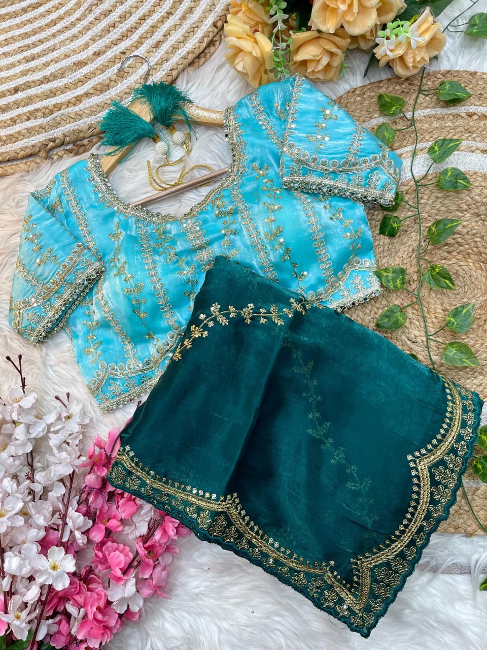 Elegant Rich Look Fendy Satin Saree with Heavy Border Sequence Work & Contrast Readymade Blouse with Mirror Lace