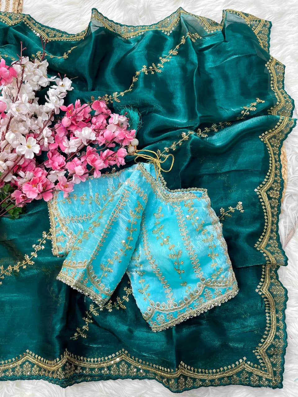 Elegant Rich Look Fendy Satin Saree with Heavy Border Sequence Work & Contrast Readymade Blouse with Mirror Lace