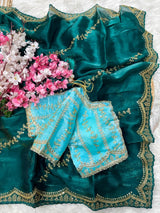 Elegant Rich Look Fendy Satin Saree with Heavy Border Sequence Work & Contrast Readymade Blouse with Mirror Lace
