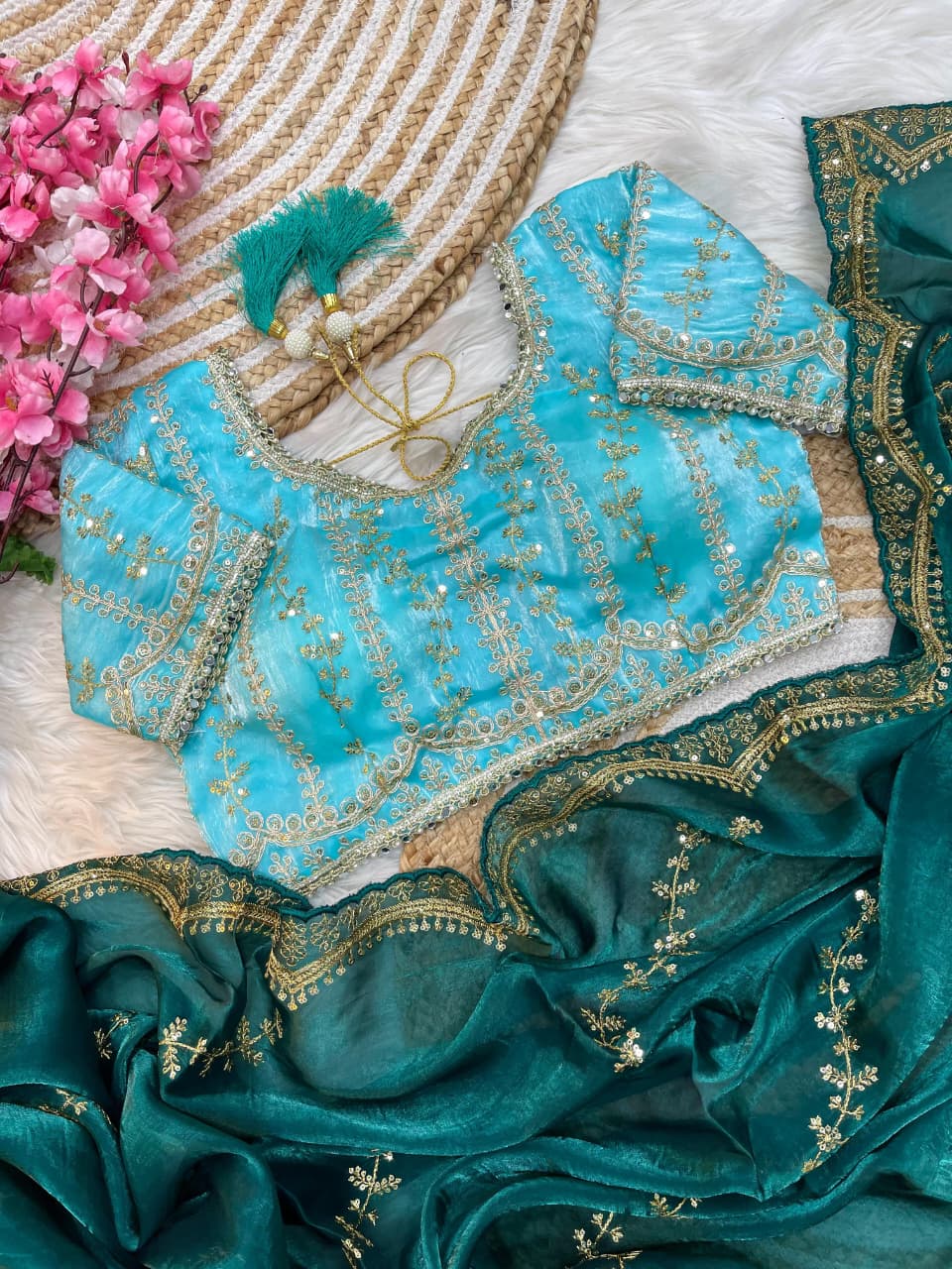 Elegant Rich Look Fendy Satin Saree with Heavy Border Sequence Work & Contrast Readymade Blouse with Mirror Lace
