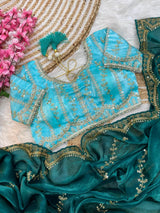 Elegant Rich Look Fendy Satin Saree with Heavy Border Sequence Work & Contrast Readymade Blouse with Mirror Lace