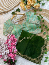 Elegant Rich Look Fendy Satin Saree with Heavy Border Sequence Work & Contrast Readymade Blouse with Mirror Lace