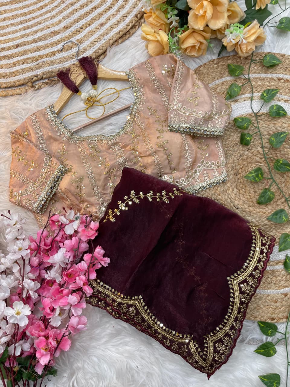 Elegant Rich Look Fendy Satin Saree with Heavy Border Sequence Work & Contrast Readymade Blouse with Mirror Lace