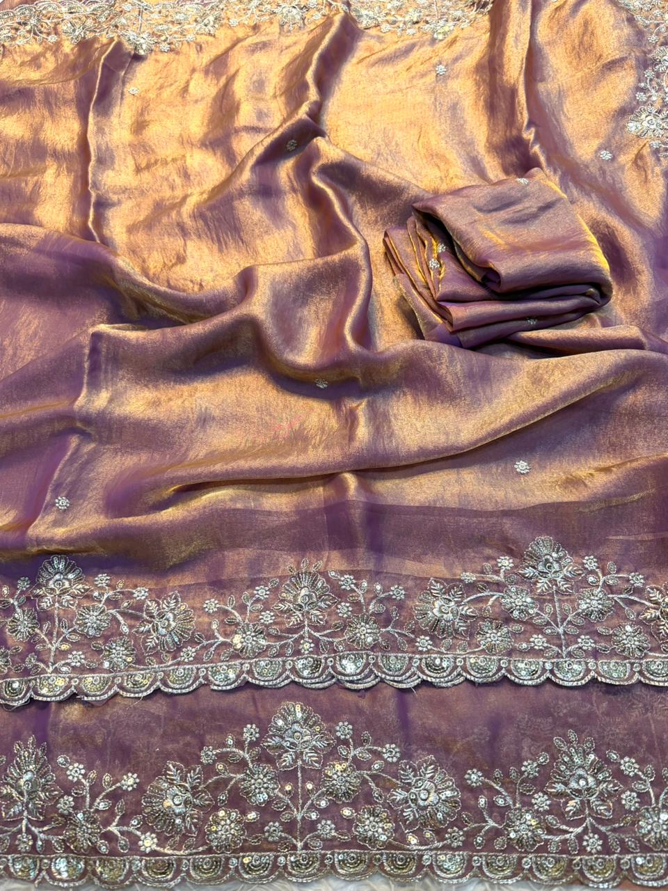 Premium Fendy Satin Saree with All-Over Sequence Embroidery Work & Running Blouse