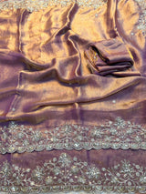 Premium Fendy Satin Saree with All-Over Sequence Embroidery Work & Running Blouse