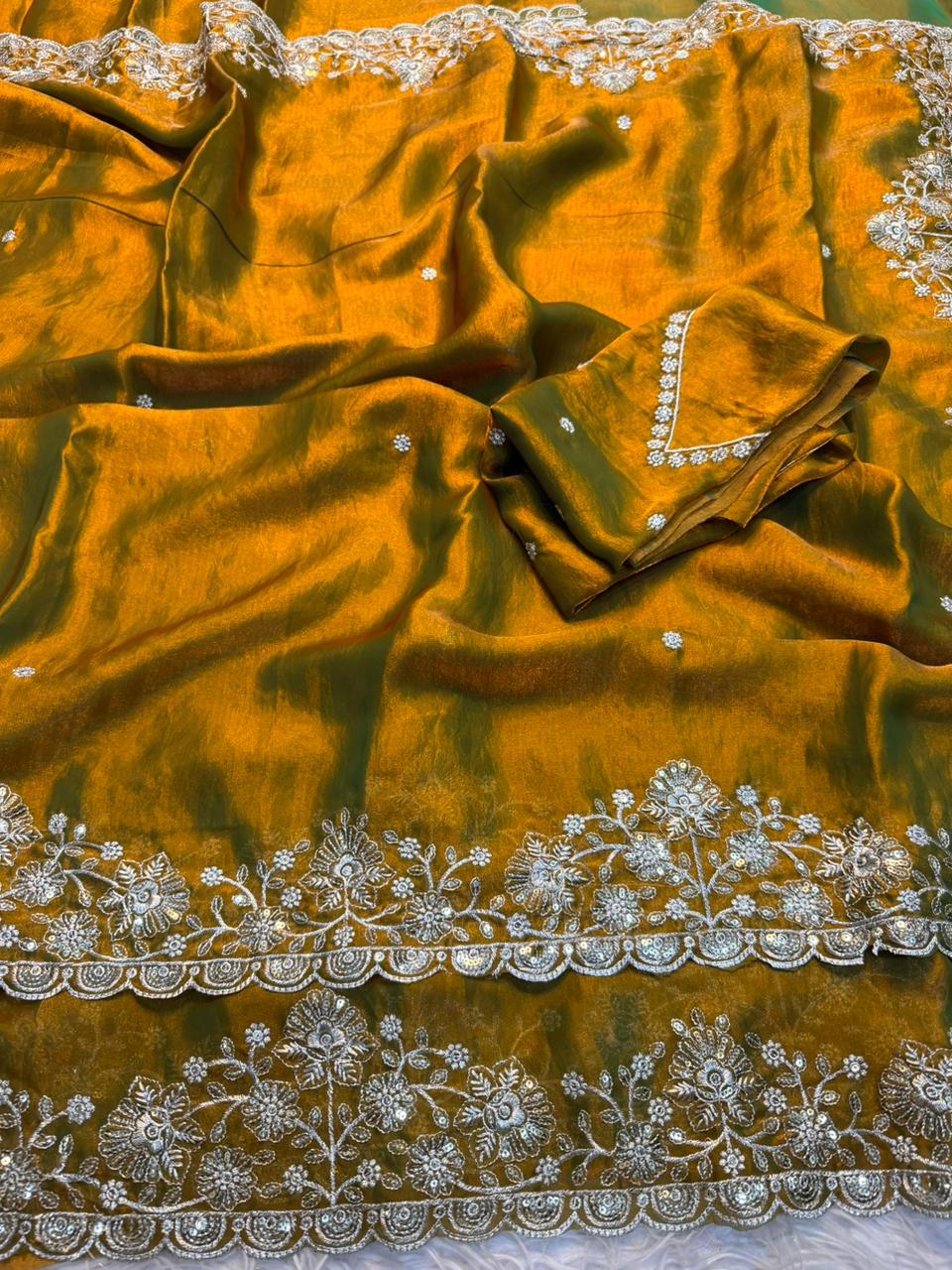Premium Fendy Satin Saree with All-Over Sequence Embroidery Work & Running Blouse