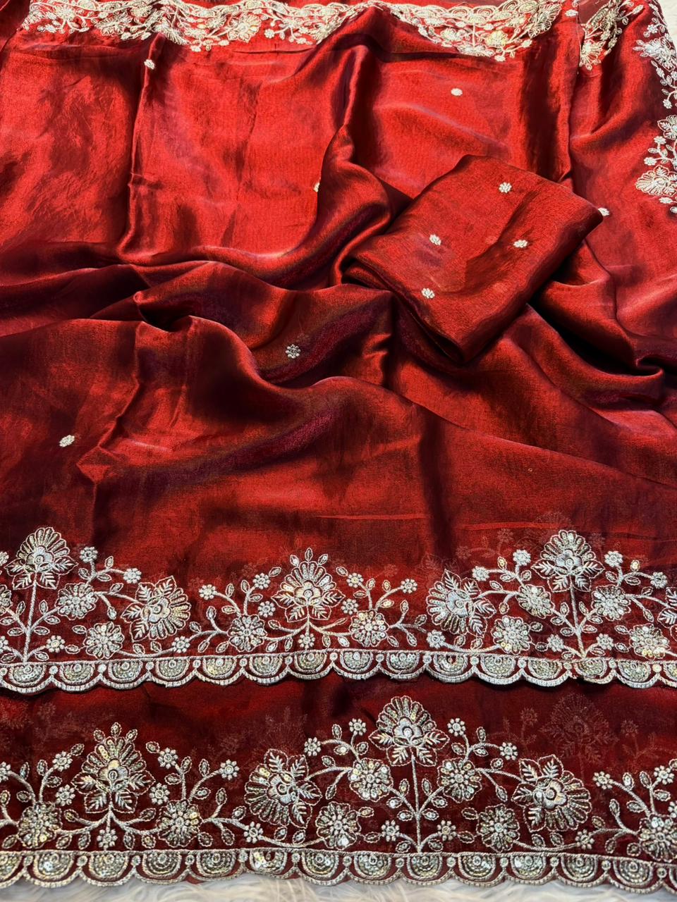 Premium Fendy Satin Saree with All-Over Sequence Embroidery Work & Running Blouse