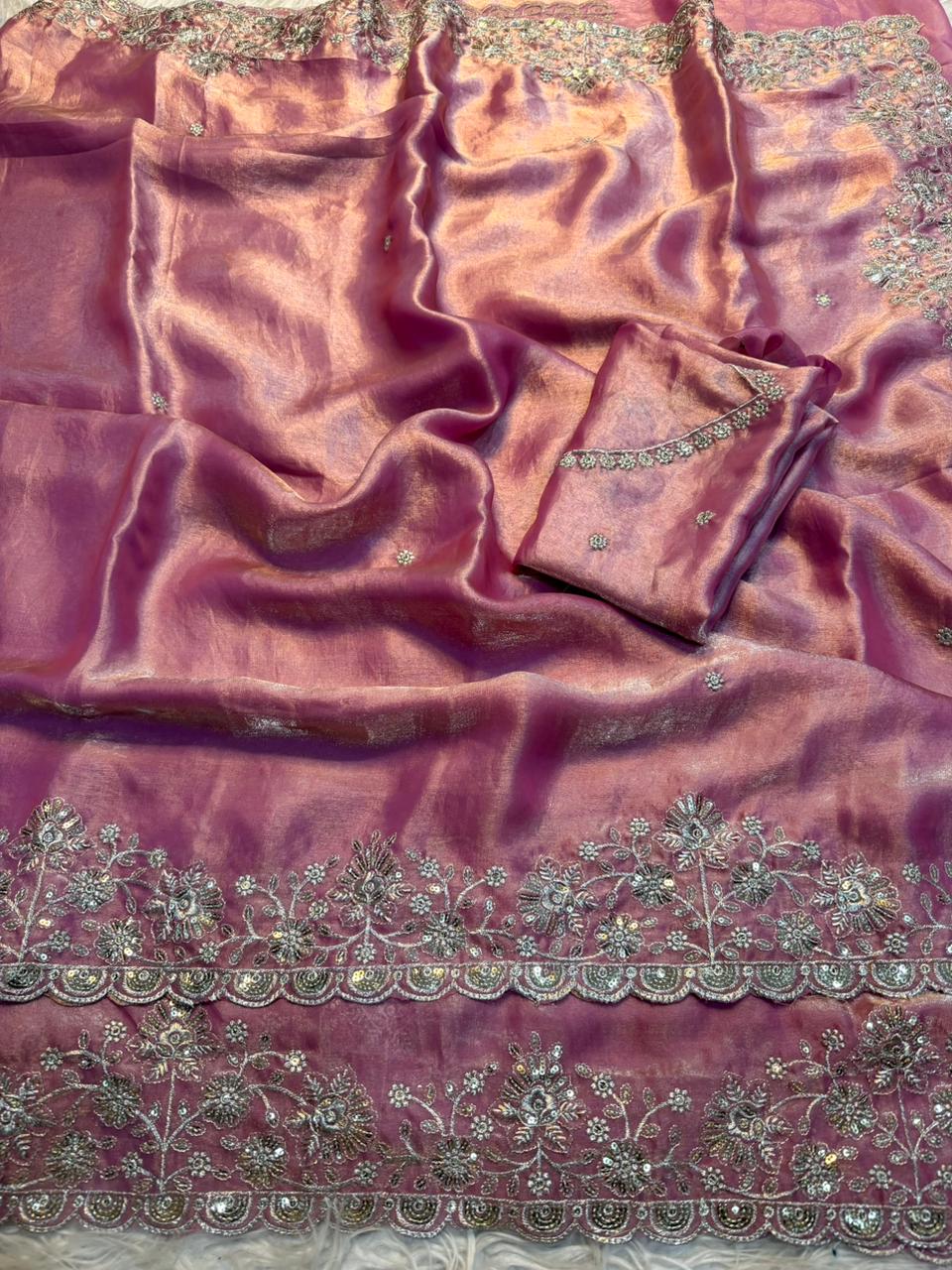 Premium Fendy Satin Saree with All-Over Sequence Embroidery Work & Running Blouse