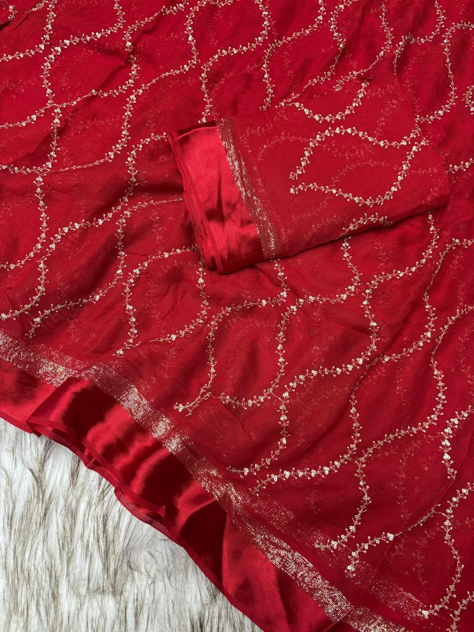 Pure Viscose Georgette Saree with Zari & Sequins Jaal Work and Satin Patta Border