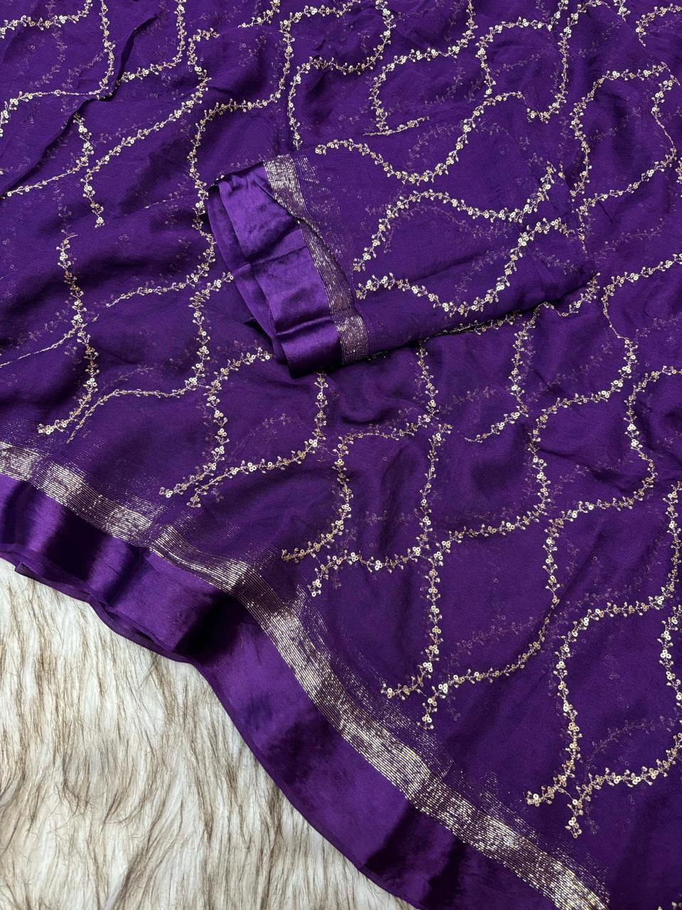 Pure Viscose Georgette Saree with Zari & Sequins Jaal Work and Satin Patta Border