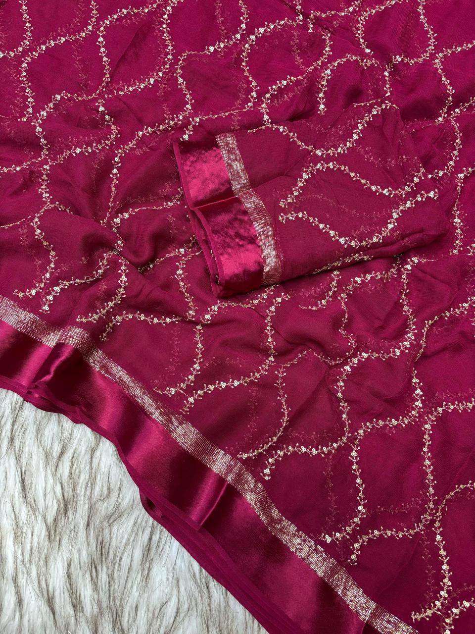 Pure Viscose Georgette Saree with Zari & Sequins Jaal Work and Satin Patta Border