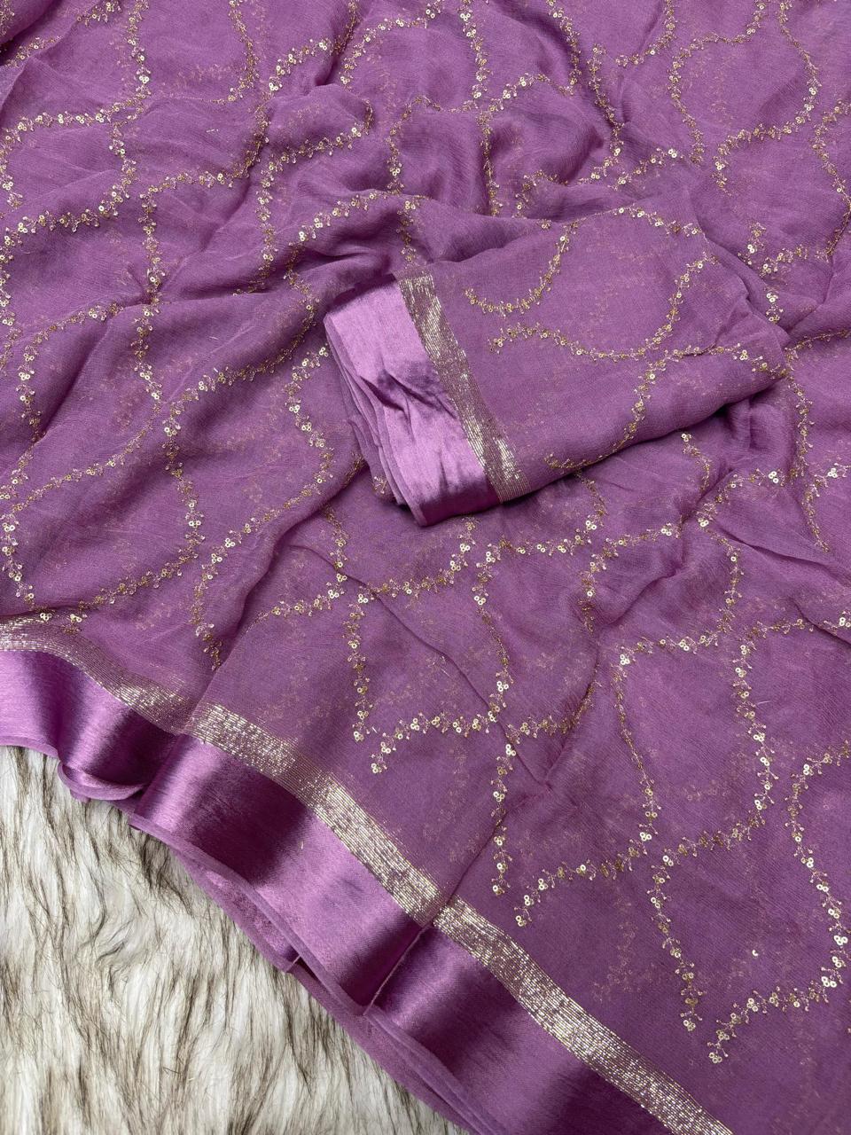 Pure Viscose Georgette Saree with Zari & Sequins Jaal Work and Satin Patta Border