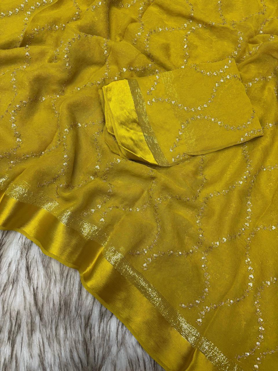 Pure Viscose Georgette Saree with Zari & Sequins Jaal Work and Satin Patta Border