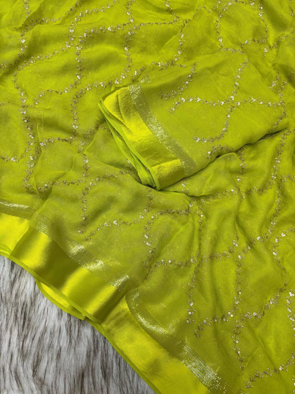 Pure Viscose Georgette Saree with Zari & Sequins Jaal Work and Satin Patta Border