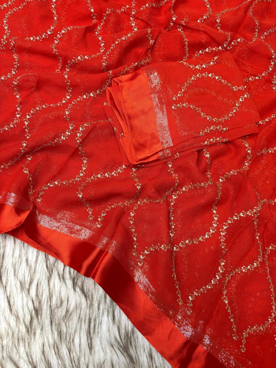 Pure Viscose Georgette Saree with Zari & Sequins Jaal Work and Satin Patta Border