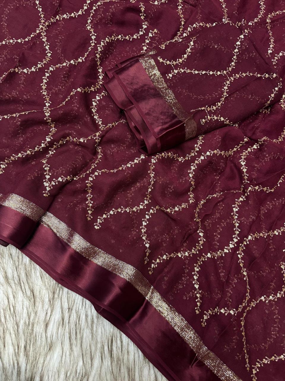 Pure Viscose Georgette Saree with Zari & Sequins Jaal Work and Satin Patta Border