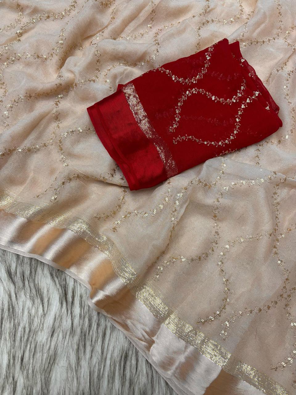 Pure Viscose Georgette Saree with Zari & Sequins Jaal Work and Satin Patta Border