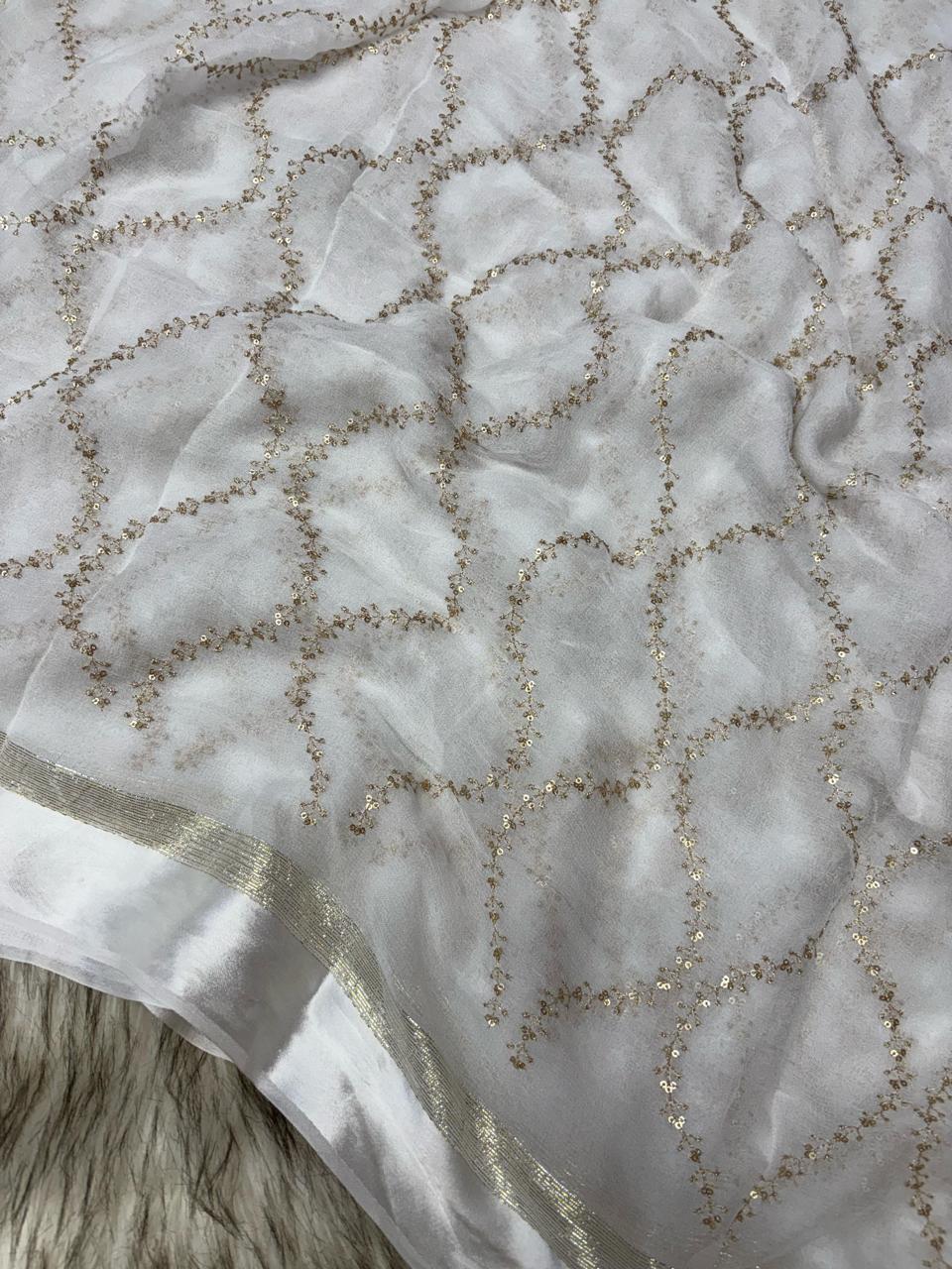 Pure Viscose Georgette Saree with Zari & Sequins Jaal Work and Satin Patta Border
