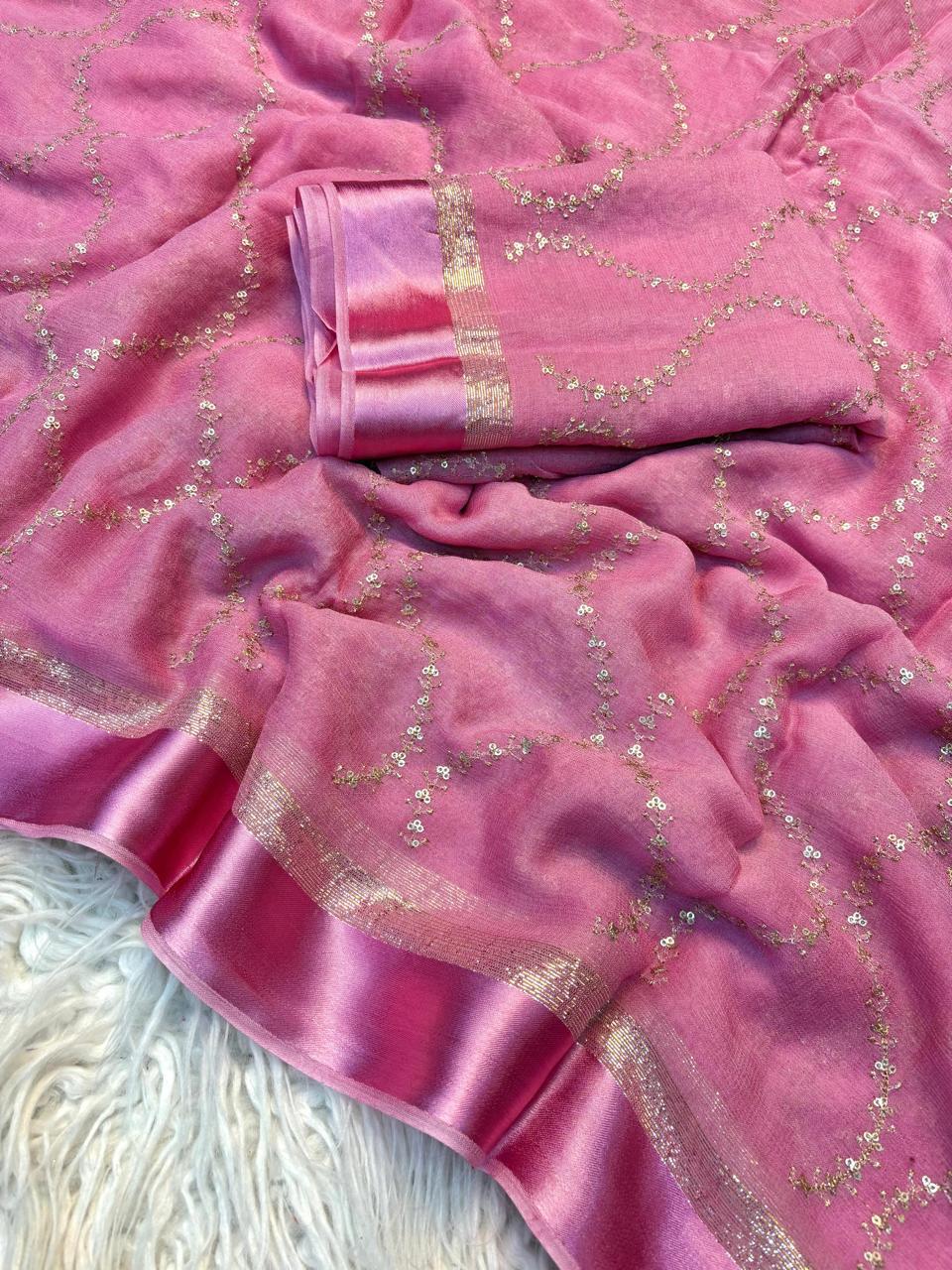 Pure Viscose Georgette Saree with Zari & Sequins Jaal Work and Satin Patta Border