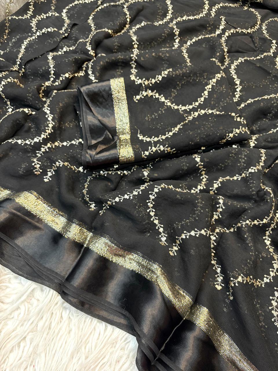 Pure Viscose Georgette Saree with Zari & Sequins Jaal Work and Satin Patta Border