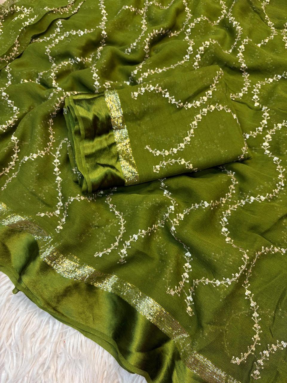 Pure Viscose Georgette Saree with Zari & Sequins Jaal Work and Satin Patta Border