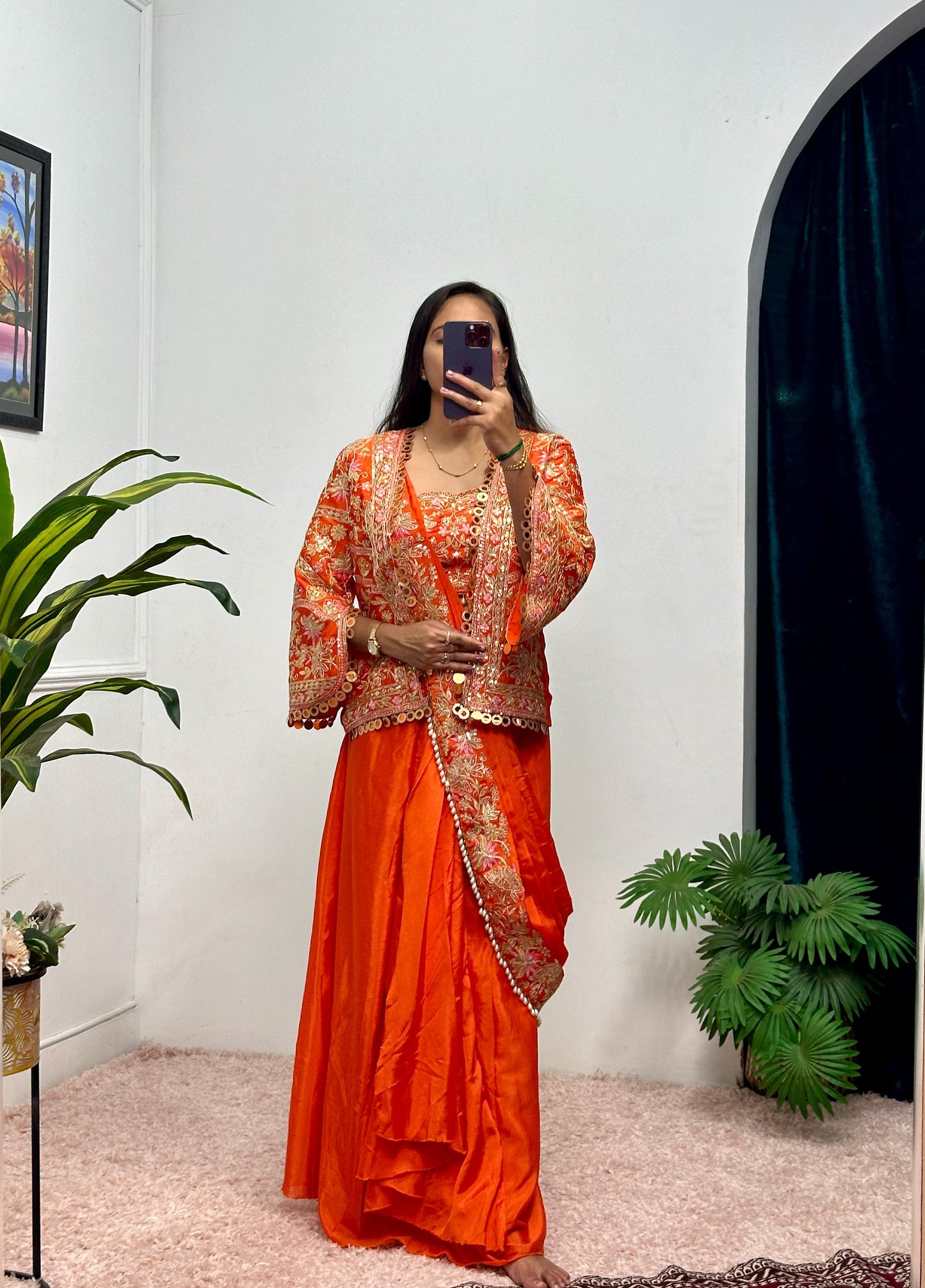Ready-to-Wear Chinon Drape Saree with Fully Embroidered Koti and Stitched Blouse