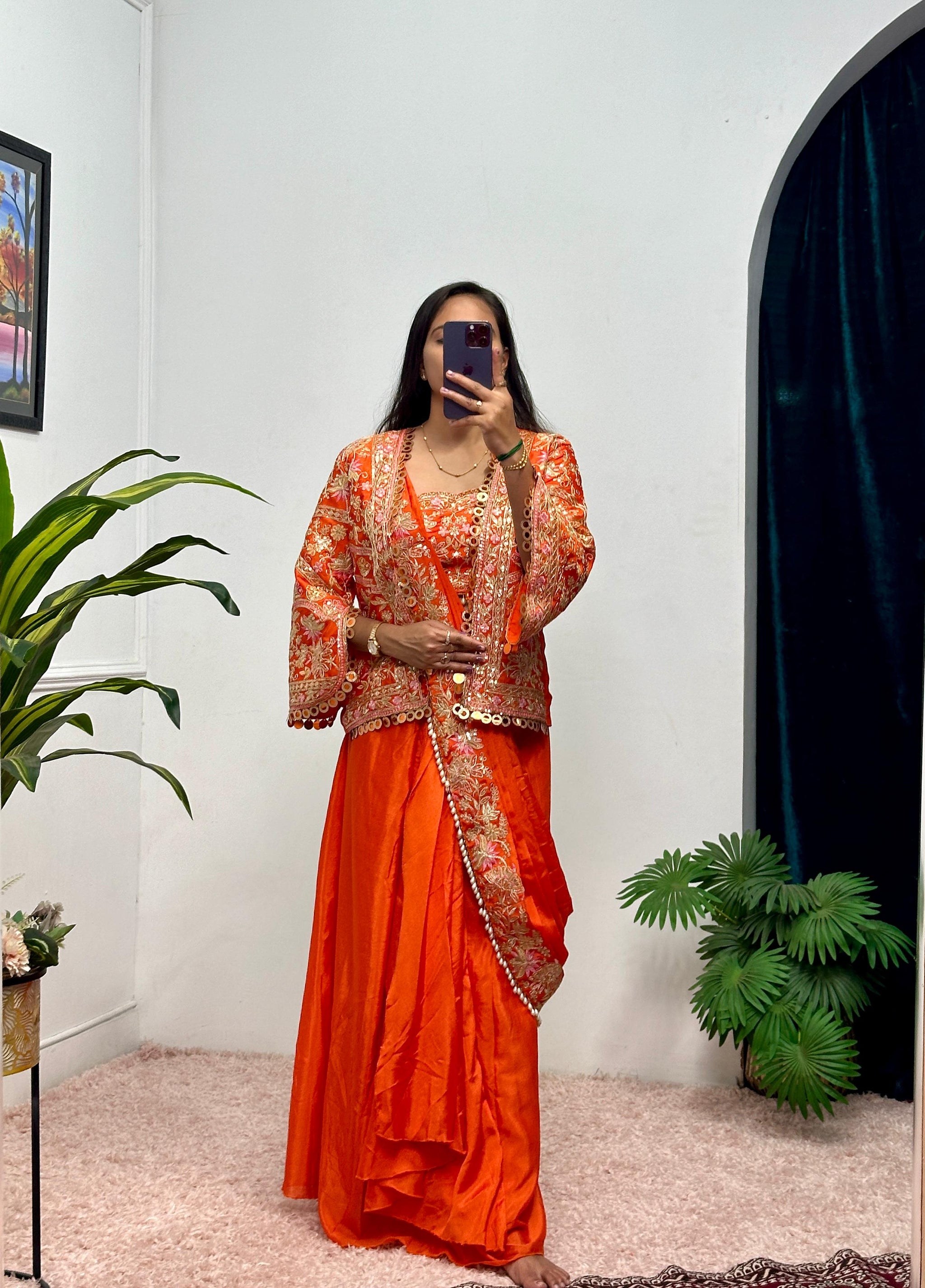Ready-to-Wear Chinon Drape Saree with Fully Embroidered Koti and Stitched Blouse