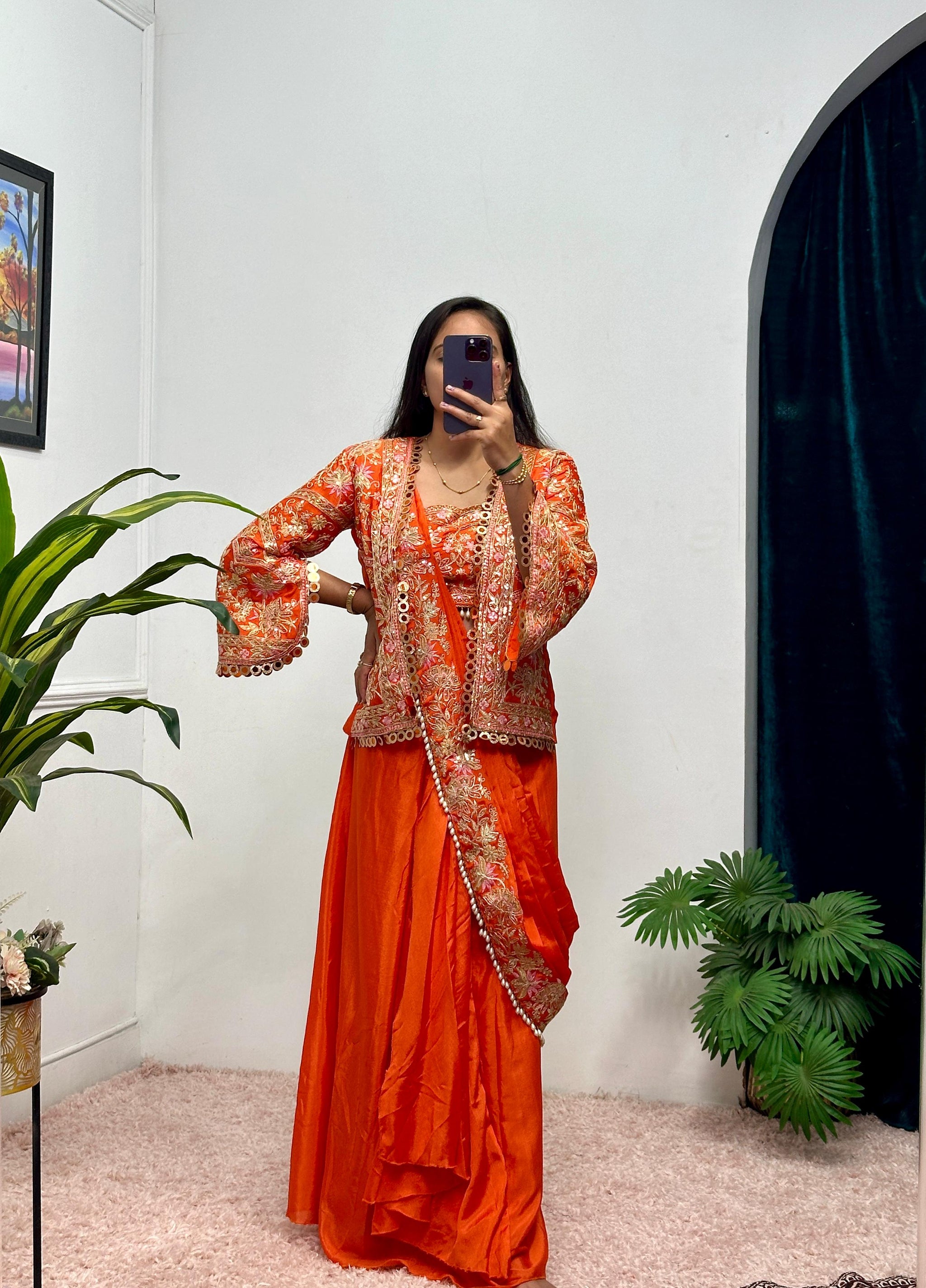 Ready-to-Wear Chinon Drape Saree with Fully Embroidered Koti and Stitched Blouse