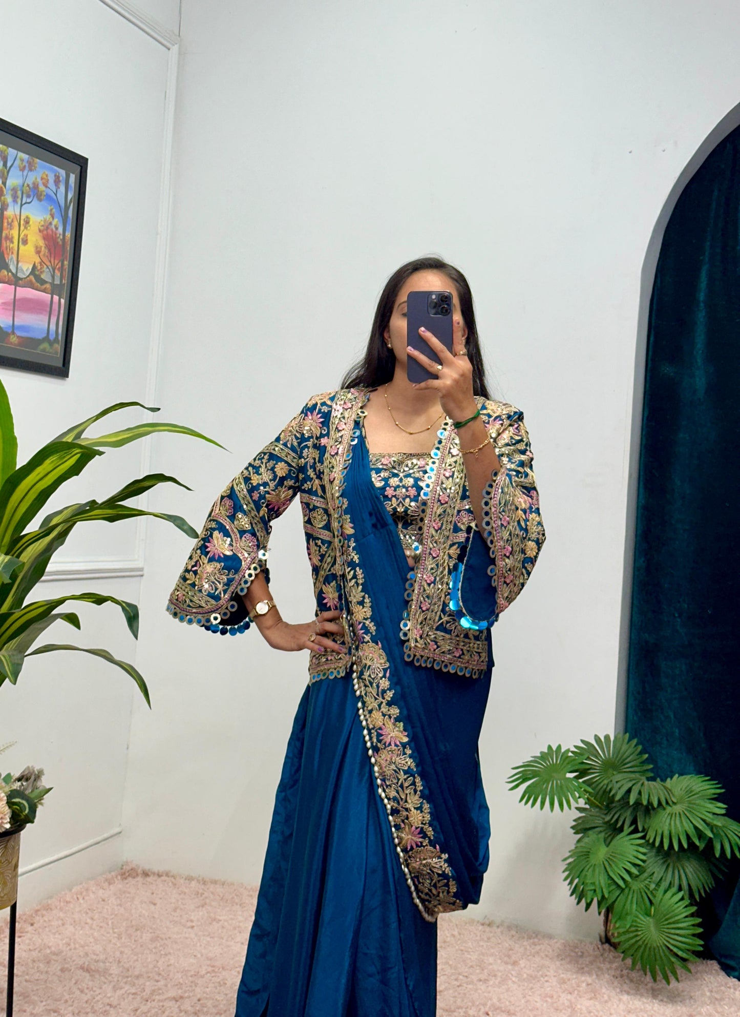 Ready-to-Wear Chinon Drape Saree with Fully Embroidered Koti and Stitched Blouse