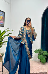 Ready-to-Wear Chinon Drape Saree with Fully Embroidered Koti and Stitched Blouse