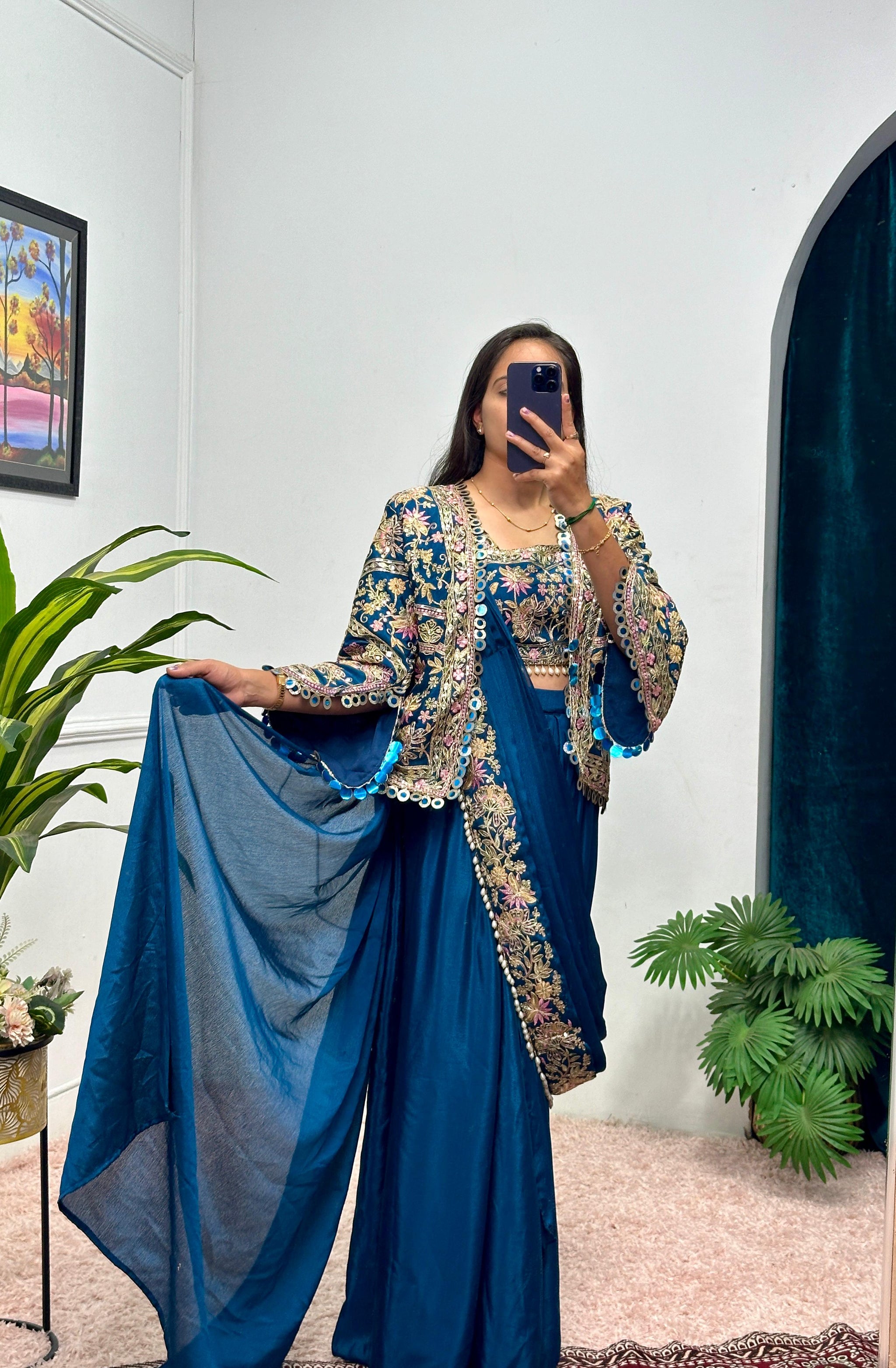 Ready-to-Wear Chinon Drape Saree with Fully Embroidered Koti and Stitched Blouse