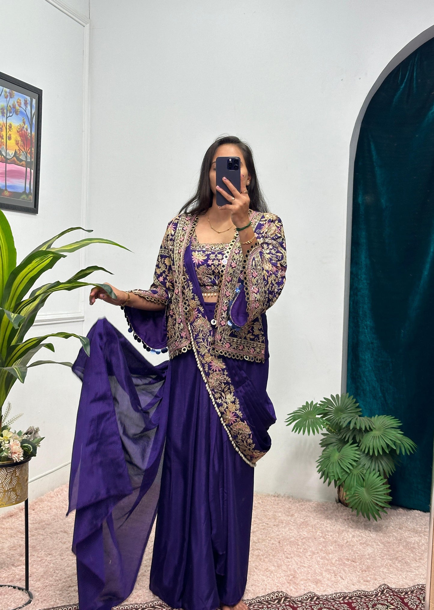 Ready-to-Wear Chinon Drape Saree with Fully Embroidered Koti and Stitched Blouse