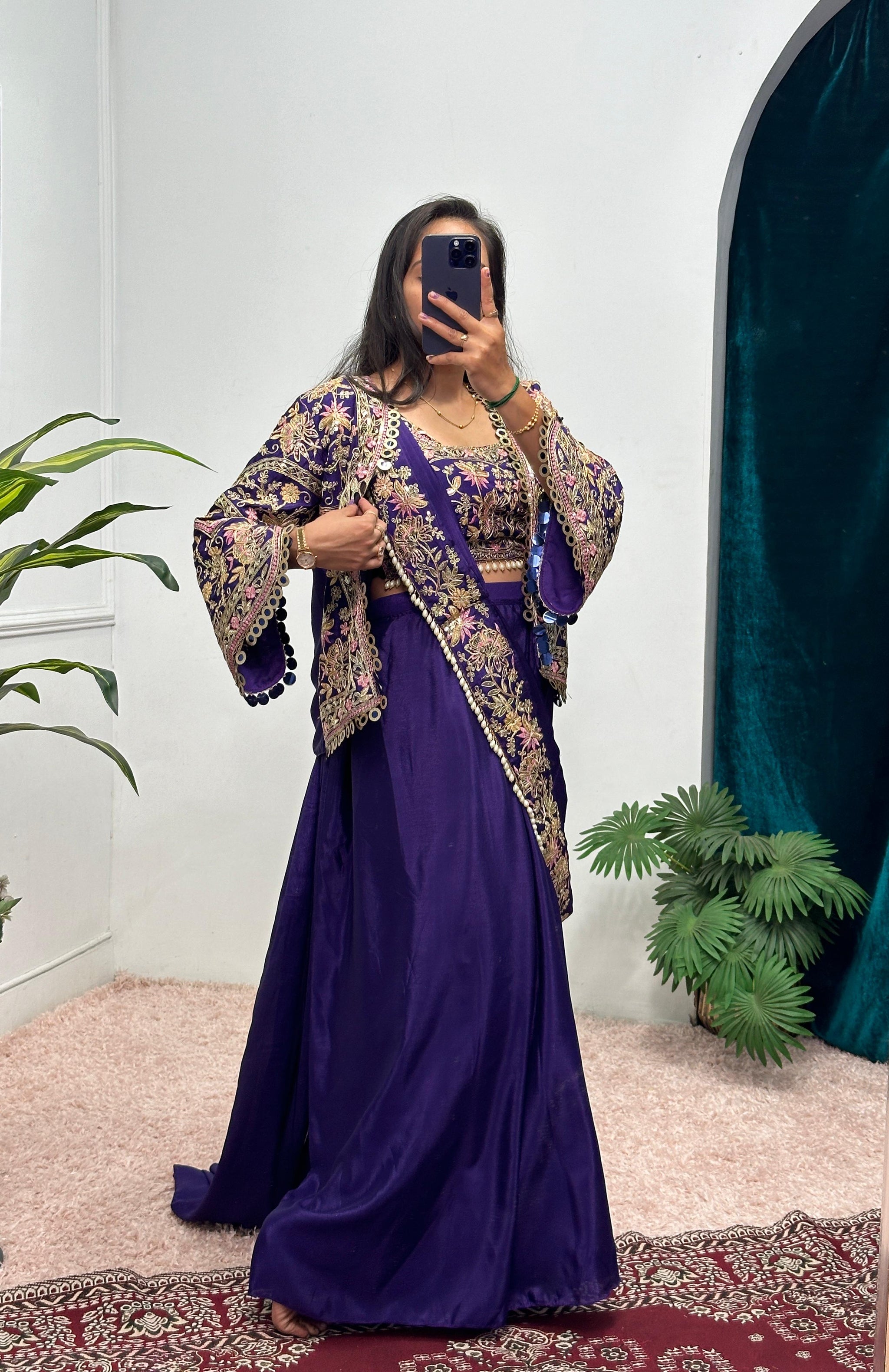 Ready-to-Wear Chinon Drape Saree with Fully Embroidered Koti and Stitched Blouse
