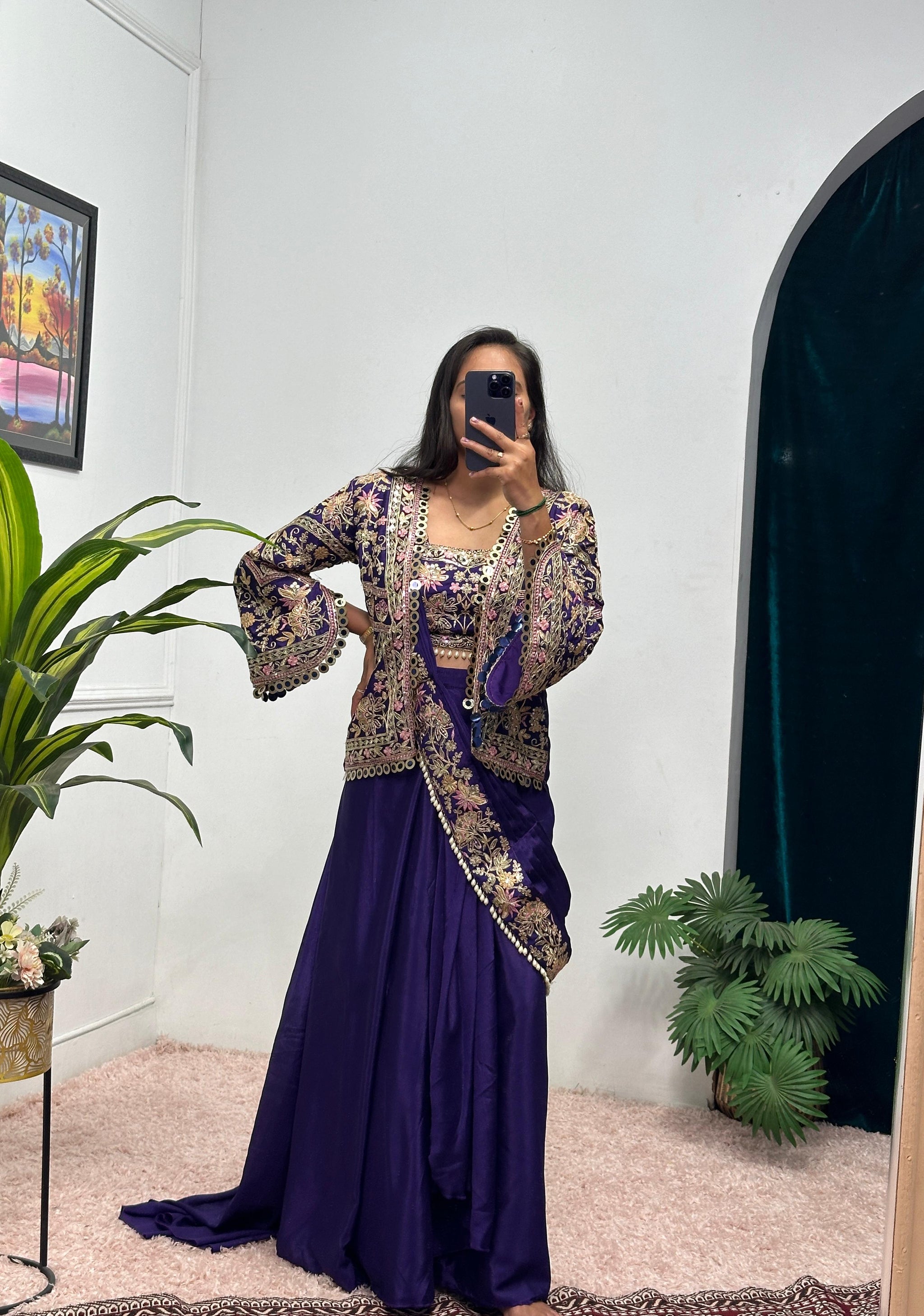 Ready-to-Wear Chinon Drape Saree with Fully Embroidered Koti and Stitched Blouse
