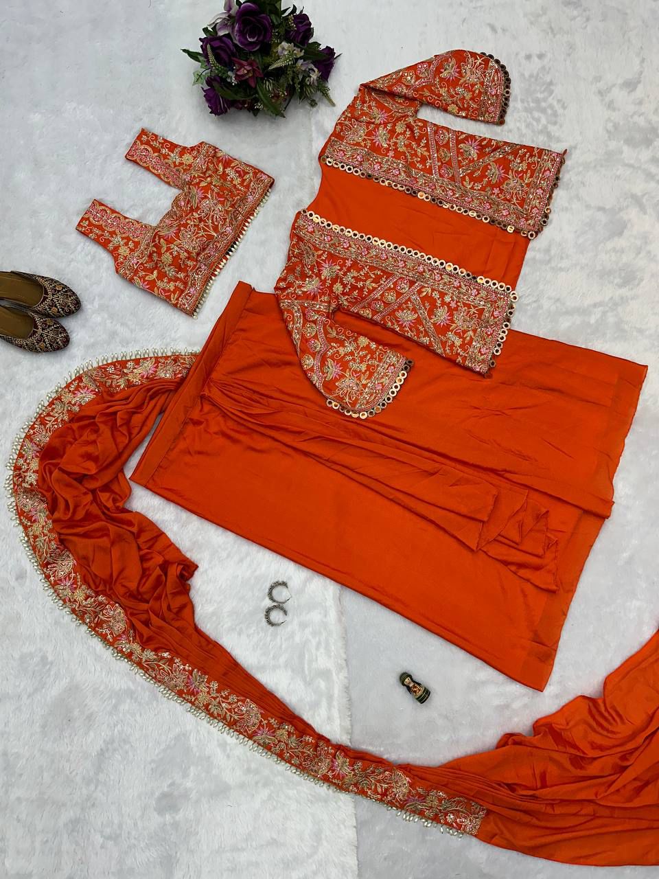 Ready-to-Wear Chinon Drape Saree with Fully Embroidered Koti and Stitched Blouse