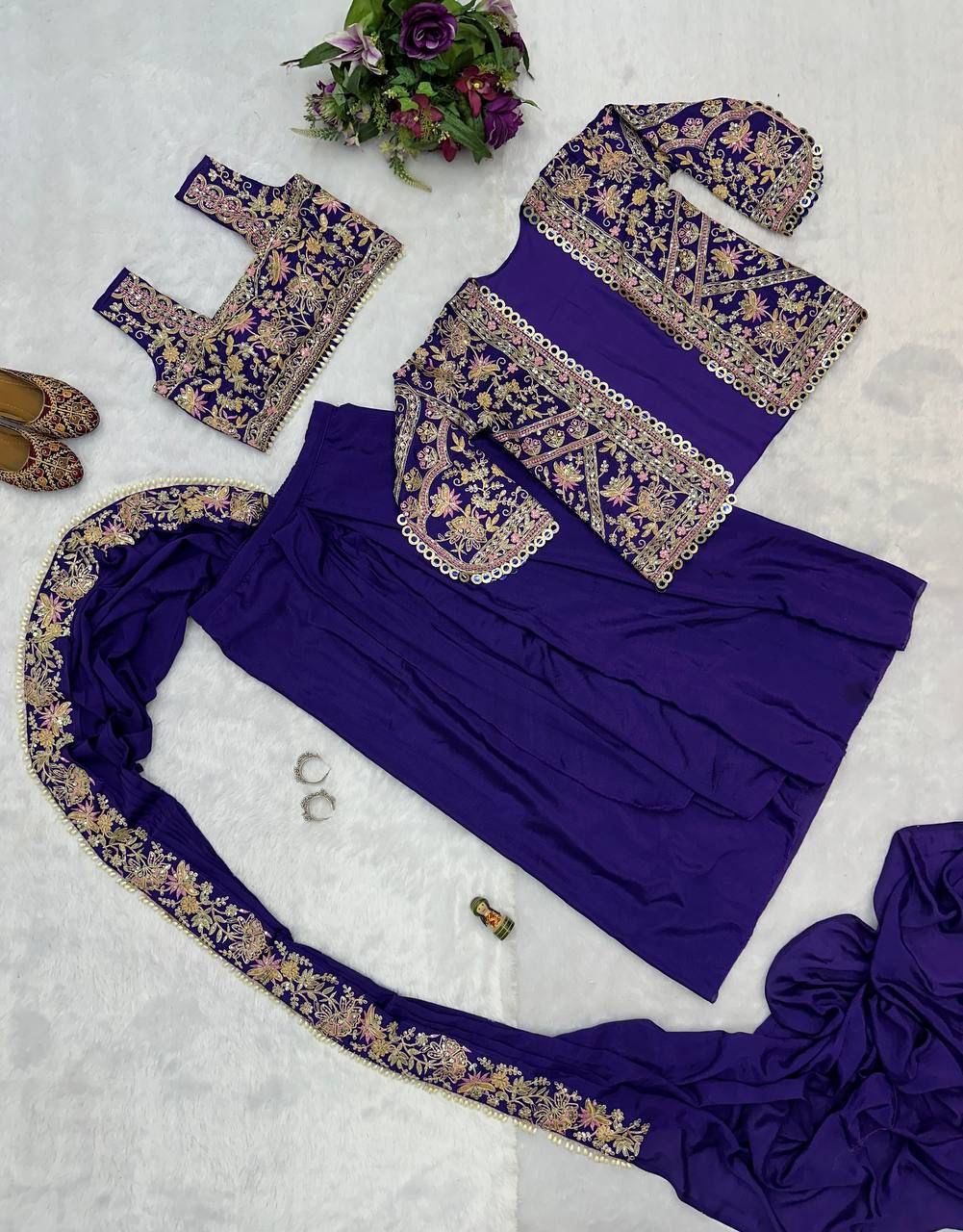 Ready-to-Wear Chinon Drape Saree with Fully Embroidered Koti and Stitched Blouse