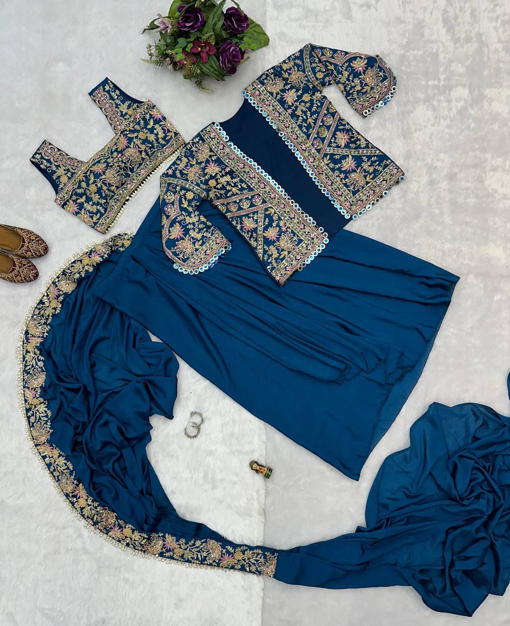 Ready-to-Wear Chinon Drape Saree with Fully Embroidered Koti and Stitched Blouse