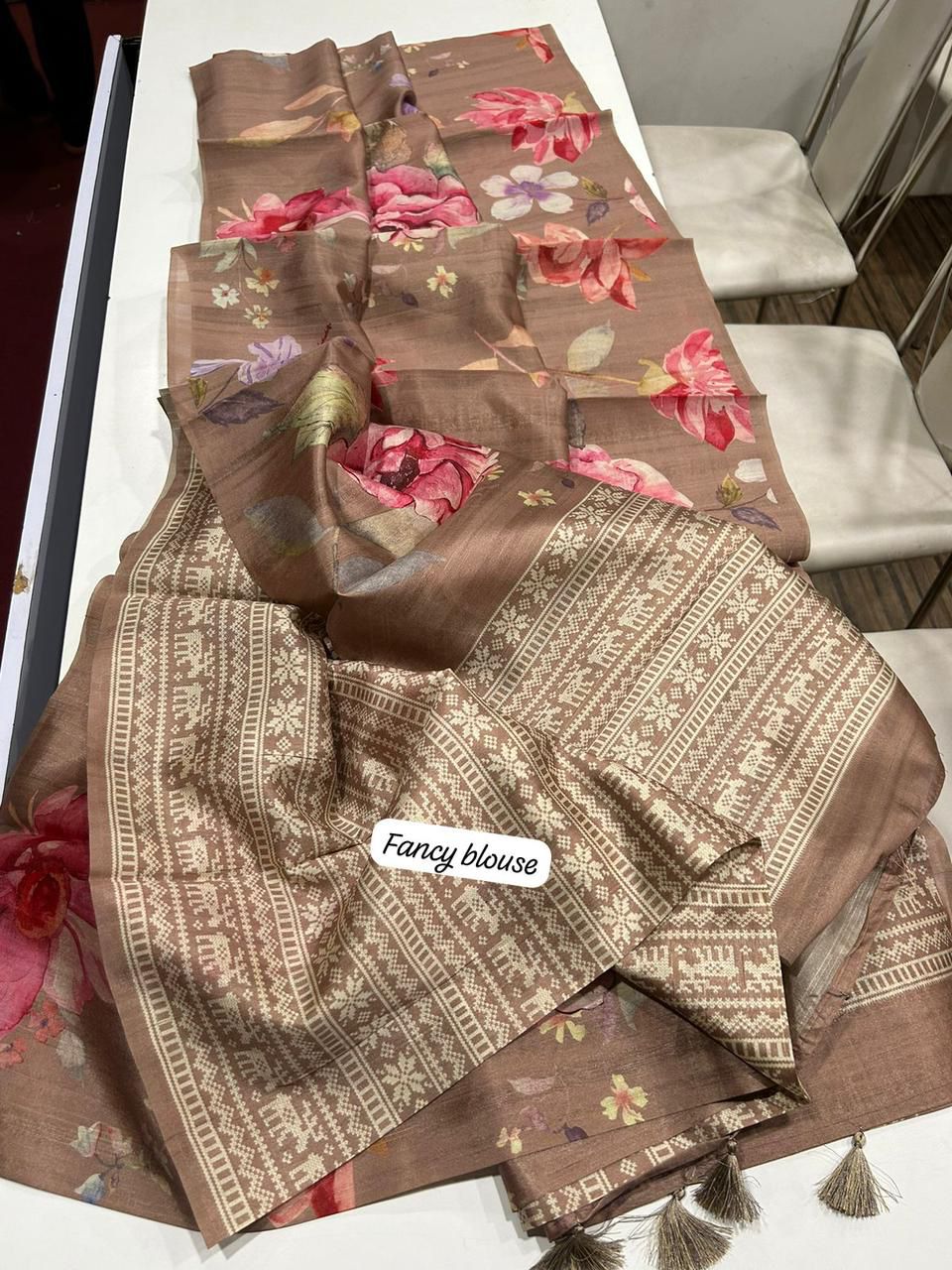 Premium Semi Desi Tussar Saree with Floral Digital Prints & Kalamkari Pallu