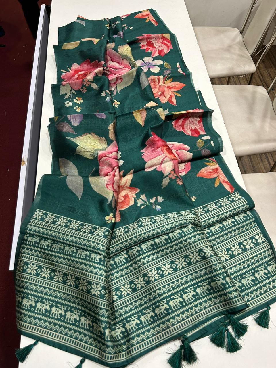 Premium Semi Desi Tussar Saree with Floral Digital Prints & Kalamkari Pallu