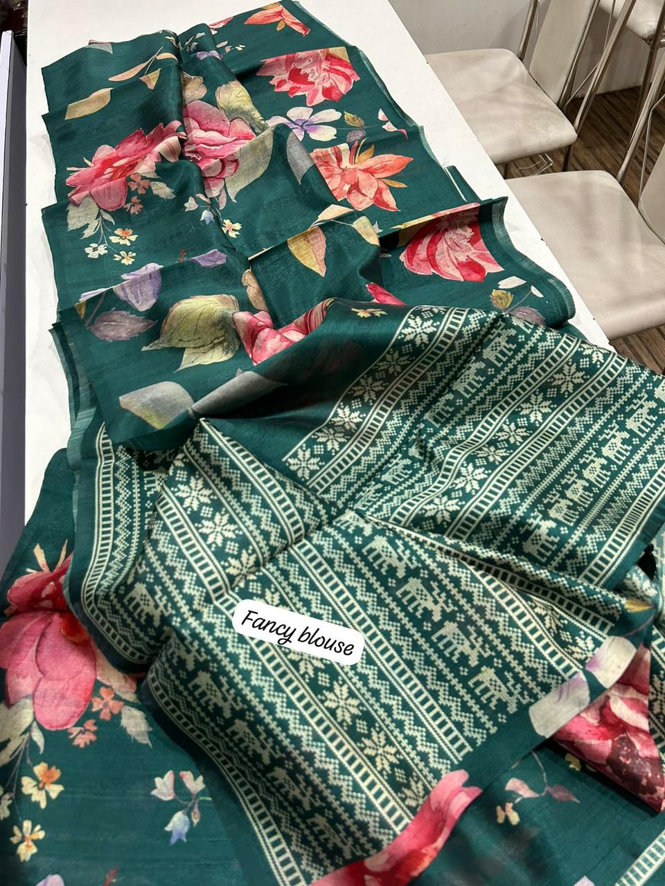 Premium Semi Desi Tussar Saree with Floral Digital Prints & Kalamkari Pallu