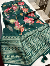 Premium Semi Desi Tussar Saree with Floral Digital Prints & Kalamkari Pallu