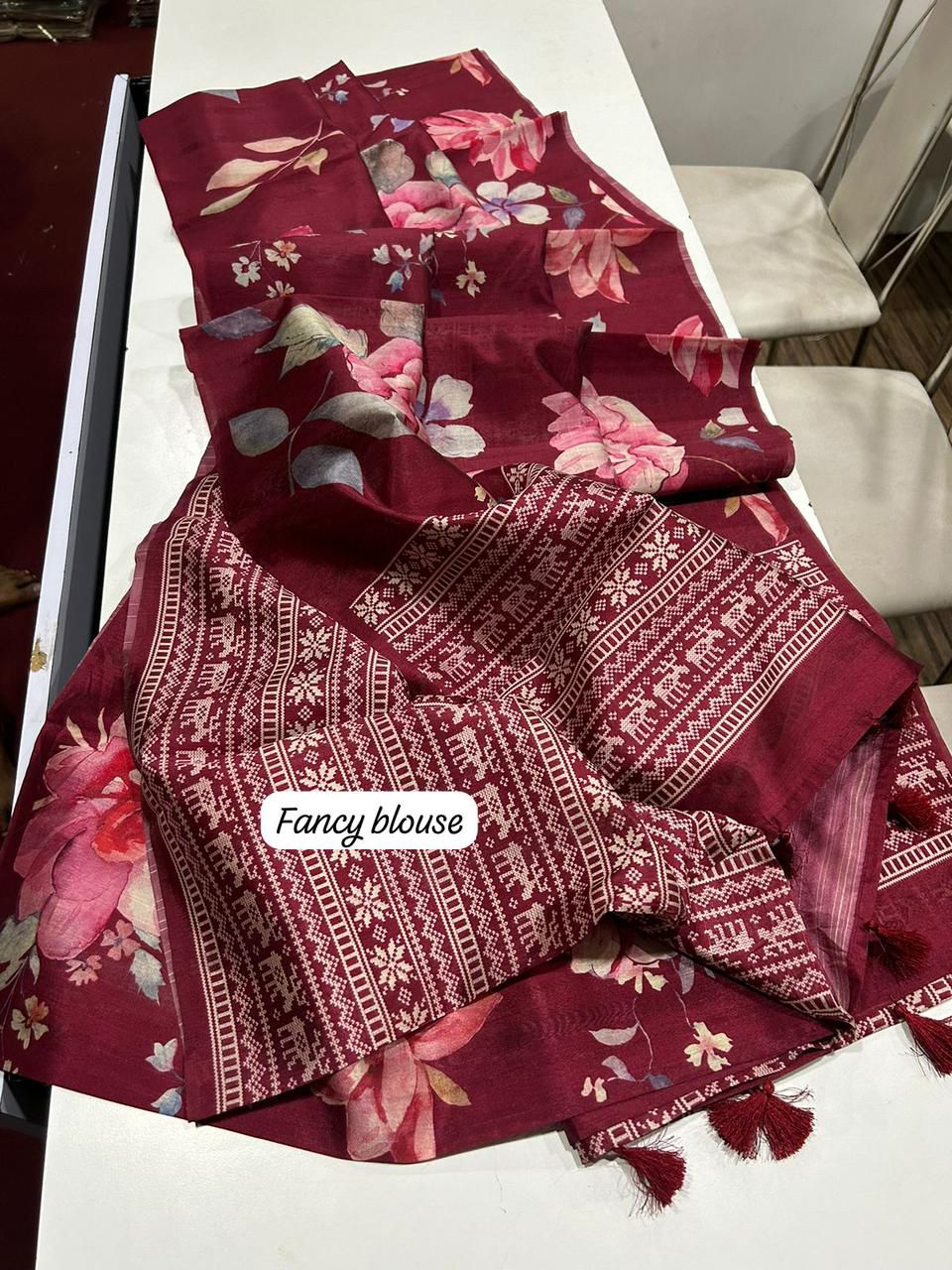 Premium Semi Desi Tussar Saree with Floral Digital Prints & Kalamkari Pallu