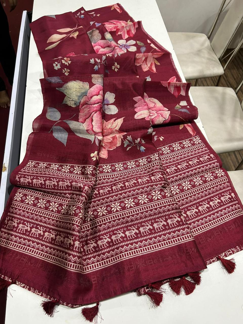 Premium Semi Desi Tussar Saree with Floral Digital Prints & Kalamkari Pallu