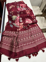 Premium Semi Desi Tussar Saree with Floral Digital Prints & Kalamkari Pallu